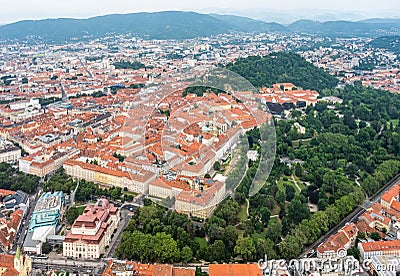 City Graz center aerial view with SchloÃŸberg, Uhrturm, central park Stock Photo